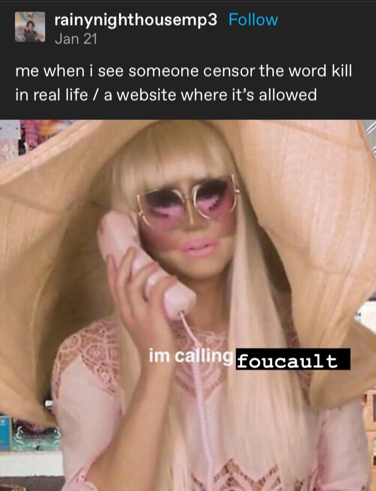 This meme features a screenshot of a Reddit user's comment. The user is responding to a situation where someone is trying to censor a word in a real-life setting, but is instead using a website to do so. The text "I'm reading the comments in real life" is overlaid on a photo of a woman, and the caption below the image reads "me when i see someone censor the word kill in real life / a website where it's allowed".